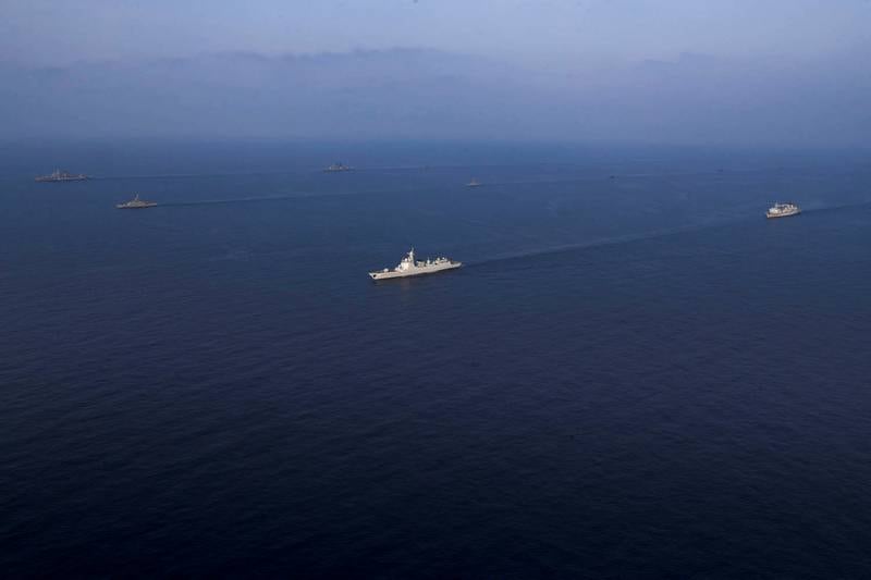 Warships in a joint exercise for the Iranian, Chinese and Russian navies in the northern Indian Ocean on January 19. Reuters