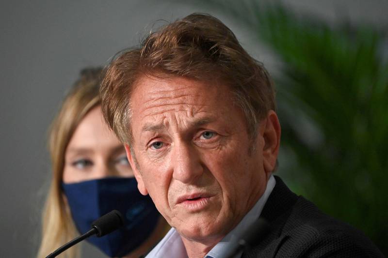(FILES) In this file photo taken on July 11, 2021 US actor and director Sean Penn speaks during a press conference for the film "Flag Day" at the 74th edition of the Cannes Film Festival in Cannes, southern France,.  - US actor and director Sean Penn is in Kyiv making a documentary about Russia's invasion, the Ukrainian president's office said on February 24, 2022.  (Photo by John MACDOUGALL  /  AFP)