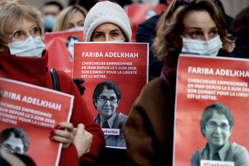 Colleagues of French-Iranian academic Fariba Adelkhah protest at the Sciences Po school in Paris in January 2022. AFP