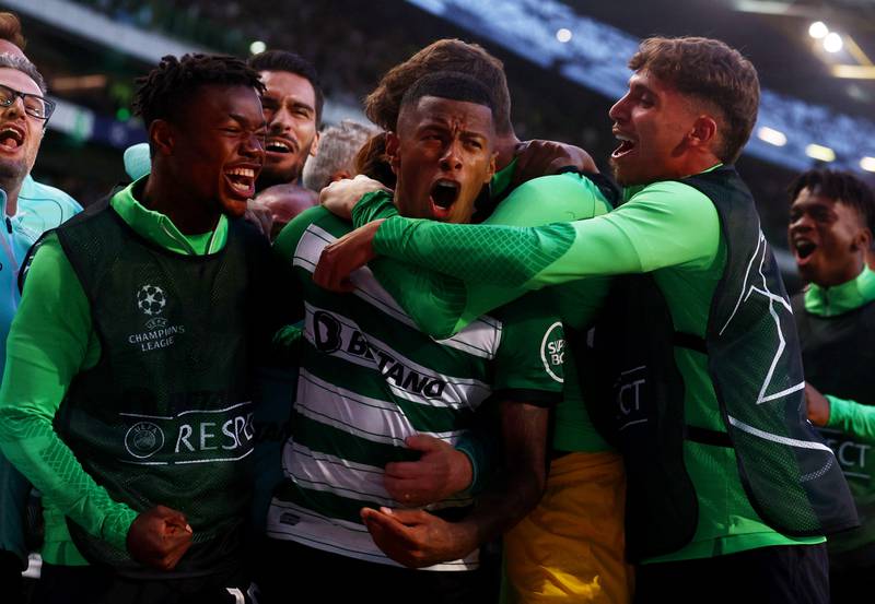 Arthur Gomes celebrates with teammates after scoring Sporting Lisbon's second goal in their 2-0 Champions League win over Tottenham Hotspur at Estadio Jose Alvalade, on Tuesday, September 13, 2022. Reuters