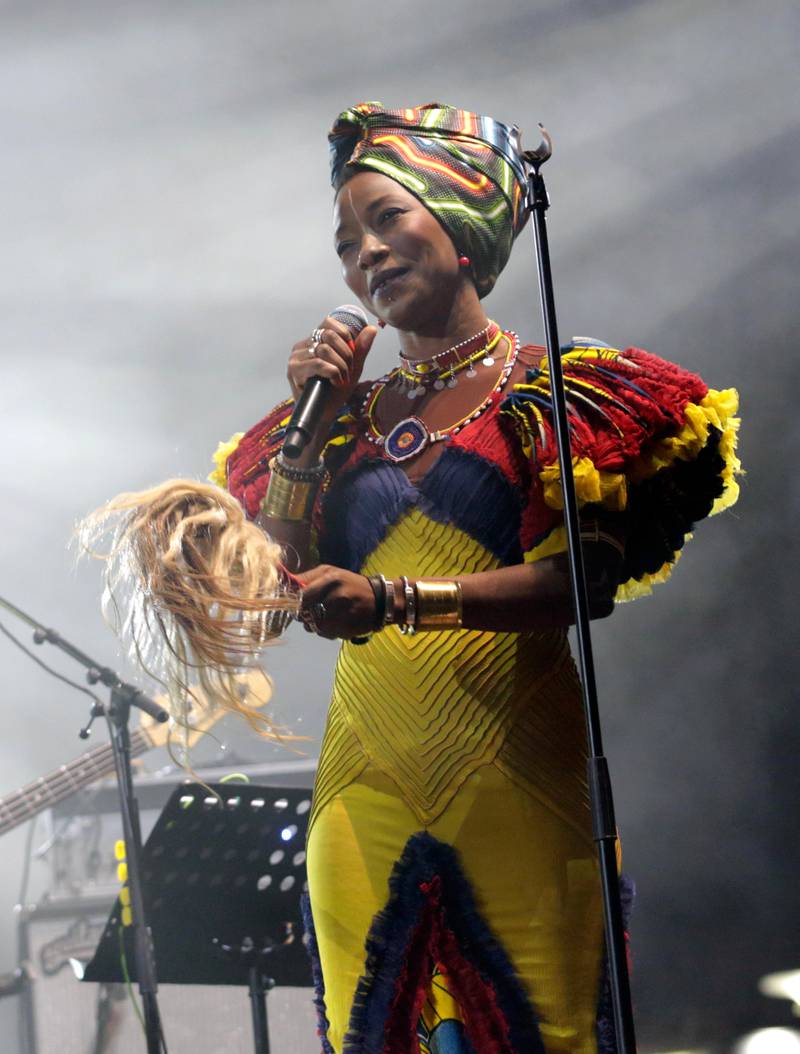 CANNES, FRANCE - MAY 21:  Musician Fatoumata Diawara performs during the 70th annual Cannes Film Festival at  on May 21, 2017 in Cannes, France.  (Photo by Claudio Lavenia/Getty Images)
