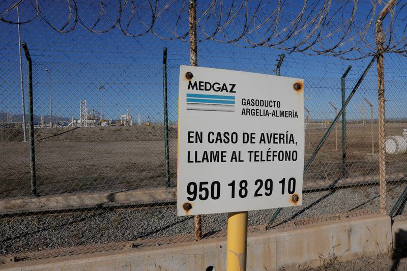 A sign near the Medgaz pipe, a natural gas pipeline between Algeria and Spain, at the landfall site in Almeria, Spain. Reuters