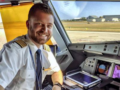 Former airline captain Joe Townshend, a 33 year old from London, in the cockpit. Courtesy Joe Townshend
