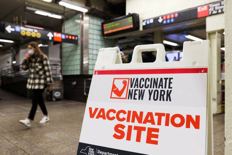 Signage for a vaccination site in a Manhattan subway station as the Omicron strain continues to spread in New York. Reuters