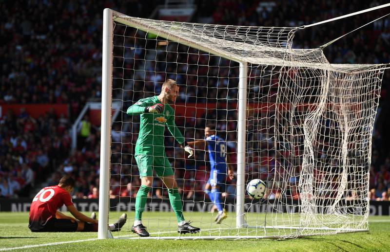MANCHESTER, ENGLAND - MAY 12:  United goalkeeper David De Gea reacts angrily after the 2nd Cardiff goal during the Premier League match between Manchester United and Cardiff City at Old Trafford on May 12, 2019 in Manchester, United Kingdom. (Photo by Stu Forster/Getty Images)
