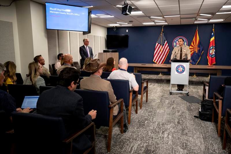 Maricopa County Sheriff Paul Penzone speaks as election officials hold a press conference to warn against 'false election narratives' at the Maricopa County Board of Supervisors building ahead of midterm elections, in Phoenix on November 7. EPA