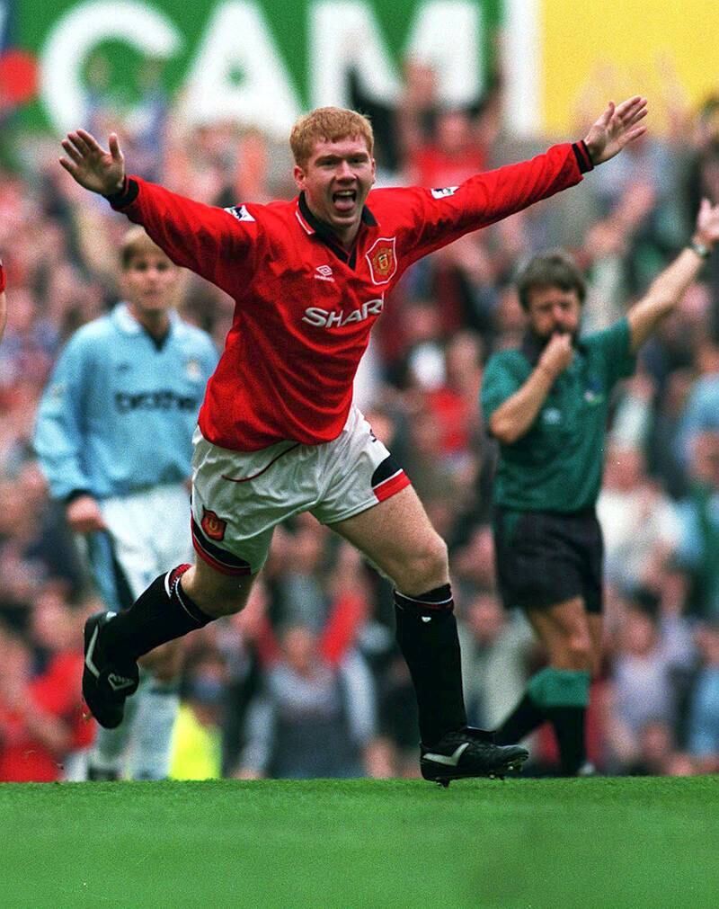 Manchester United v Manchester City - Pic:Darren Walsh/Action Images - Premier League - 14/10/95. 
United Paul Scholes celebrates the only goal of the match
