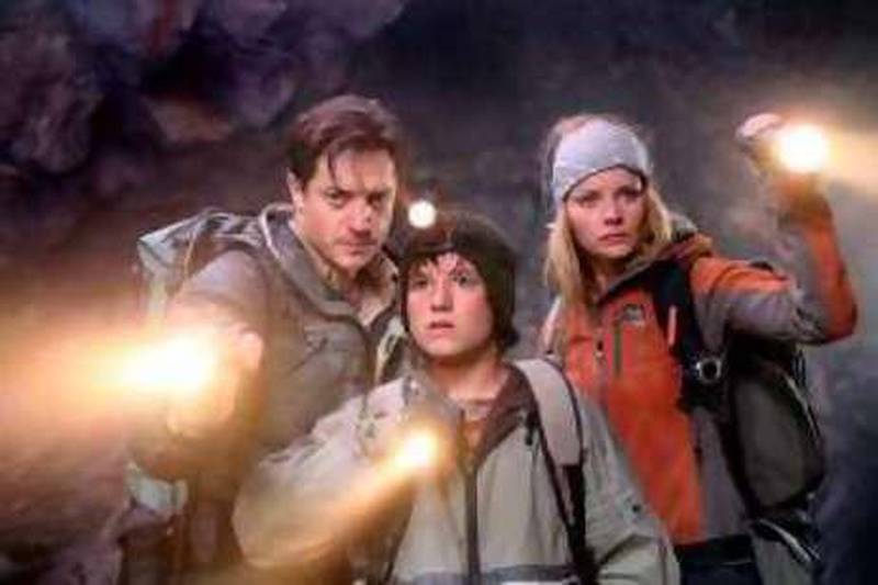 Film still from 'Journey 3-D', (Aka Journey To The Center Of The Earth 3D) (2008), featuring (left-right) Brendan Fraser, Josh Hutcherson & Anita Briem. New Line/Rex Features REF al07AU-Journey 07/08/08