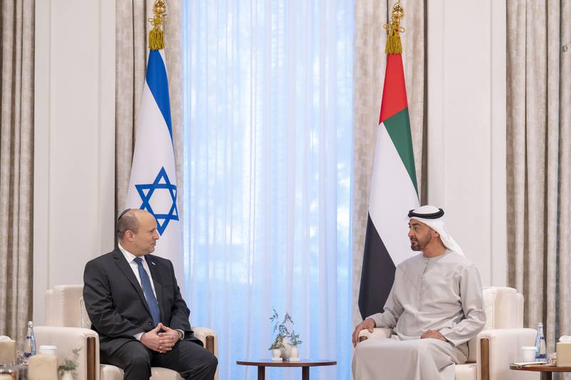 Sheikh Mohamed bin Zayed, Crown Prince of Abu Dhabi and Deputy Supreme Commander of the Armed Forces, meets Israeli Prime Minister Naftali Bennett at Al Shati Palace. Photo: Mohamed Al Hammadi / Ministry of Presidential Affairs