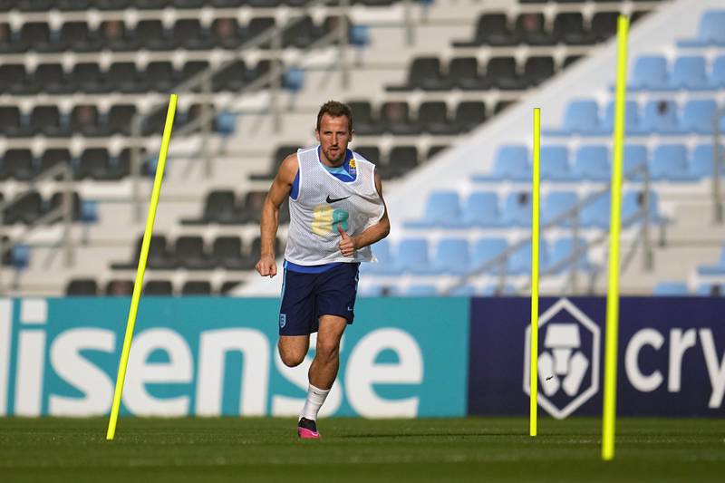 England's Harry Kane takes part training at the Al Wakrah Sports Complex on Wednesday, December 7, 2022. AP