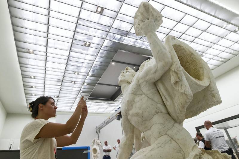 Abu Dhabi, United Arab Emirates, September 12, 2017:    Installation of the, Apollo's horses groomed by two tritons, Gilles Gu��rin, c.1670, statue at the Louvre Abu Dhabi on Saadiyat Island in Abu Dhabi on September 12, 2017. Christopher Pike / The NationalReporter: Nick LeechSection: News