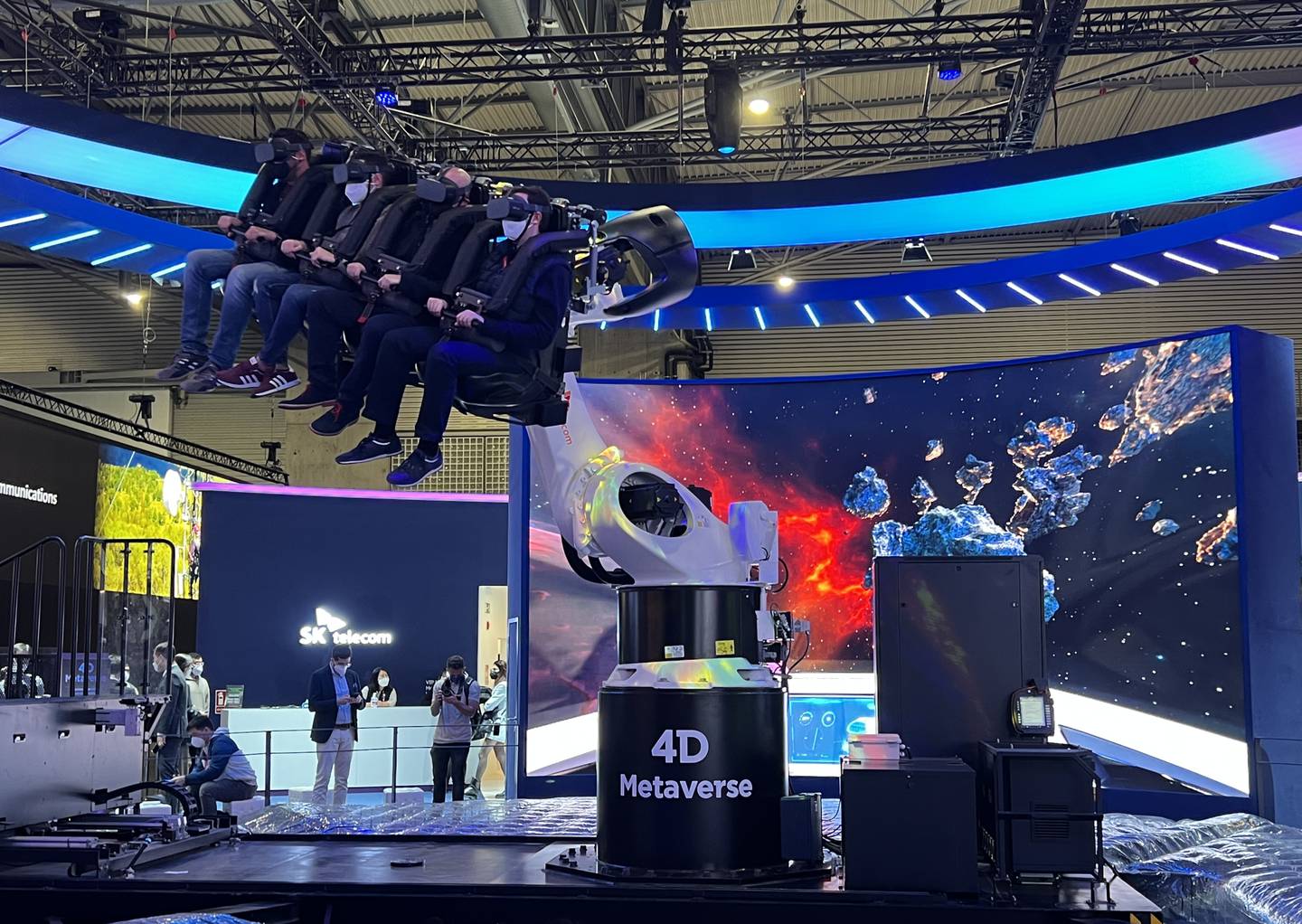 An amusement ride using 4D metaverse technology at the SK Telecom stand during Mobile World Congress 2022 in Barcelona. Alvin R. Cabral / The National