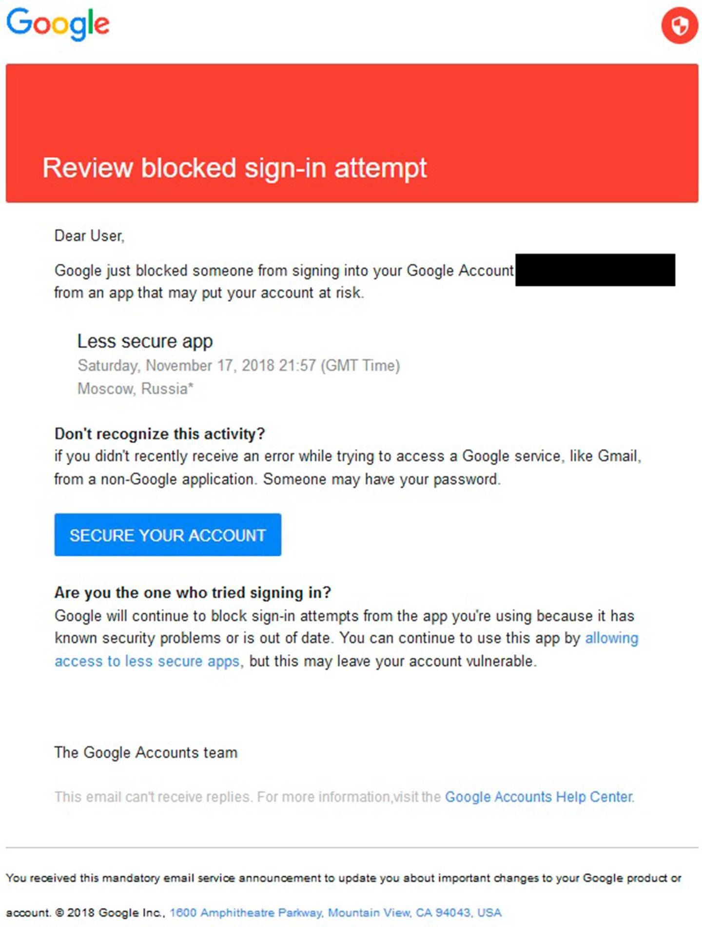 This image shows a Saturday, Nov. 17, 2018 phishing message sent to Jim Sisco of the Virginia-based risk advisory firm Enodo Global, Inc. The email was allegedly sent by the hacking group known as Charming Kitten whose spying campaign closely aligns with Iranâ€™s interests. The email address of the recipient has been redacted to protect his privacy. (AP Photo)