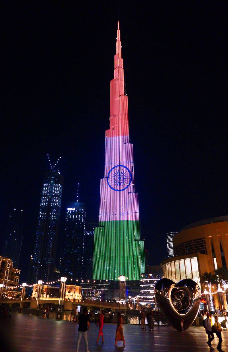 Indian flag projected on Burj Khalifa in Dubai in support during the COVID pandemic situation in India on April 25, 2021. Pawan Singh / The National. 