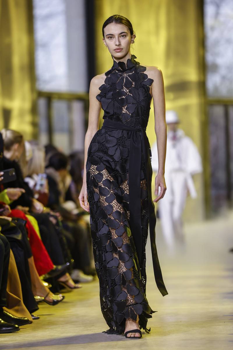 A dress made from giant scale lace at Elie Saab autumn/winter 2023. AP