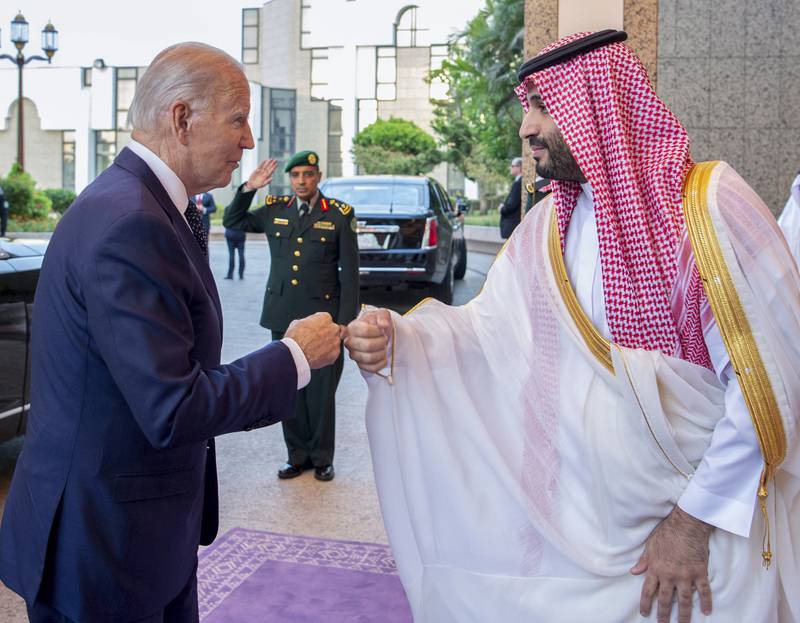 Saudi Crown Prince Mohammed bin Salman greets US President Joe Biden in Jeddah in July 2022. AP