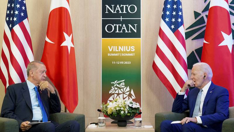 US President Joe Biden meets with Turkish President Tayyip Erdogan at the Nato summit in Vilnius in July. Reuters