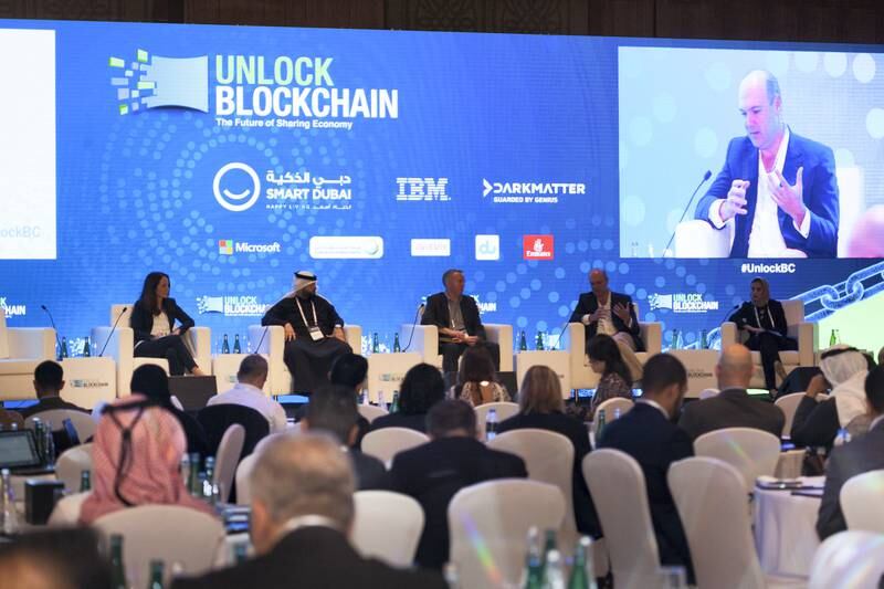 15.01.18 Unlock Blockchain Forum, day 2 at the Ritz Carlton, DIFC, Dubai. Panel discussion on the Banking Scene in the Aftermath of the Blockchain tsunami. Dr Veronica Lange, global headof innovation, chief technology officer UBSMohamed Alsehli, founder ArabianChain,UAE. Sam Chadwick, director ofstrategy in innovation and blockchain, financial & risk, Thomson Reuters, Dr. Julio Faura, Chairman,Enterprise Ethereum Alliance, head of blockchain R&D, Santander Group and Yasmeen Al Sharaf,superintendent, fintech and innovation unit, central bank of Bahrain.Anna Nielsen For The National.