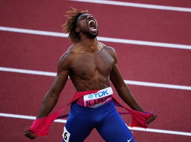 Noah Lyles of the US celebrates after winning the men's 200 metres final at the World Athletics Championships at Hayward Field in Eugene, Oregon, on July 21, 2022. Reuters
