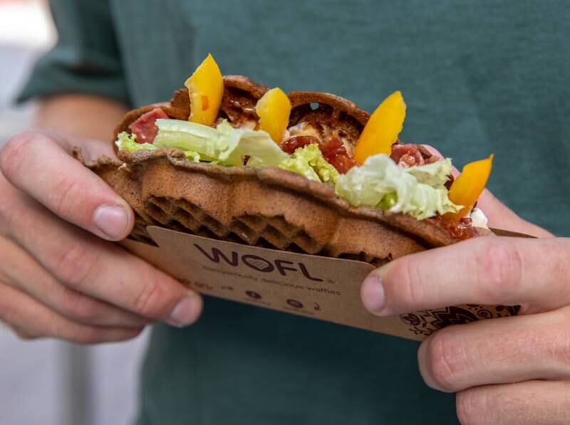 Available at the Wofl food truck outside the Norway Pavilion, dragon’s breath is a waffle (buckwheat or gluten-free) packed with sweet chilli beef, crispy yellow bell peppers, romaine lettuce and spring onions on a bed of sour cream.