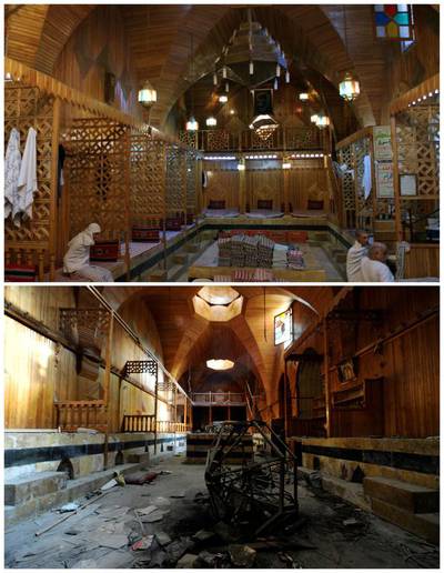 Hamam El Nahasin, in the Old City before it was damaged on October 6, 2010, top, and after on December 17, 2016. Khalil Ashawi (top) / Omar Sanadiki / Reuters