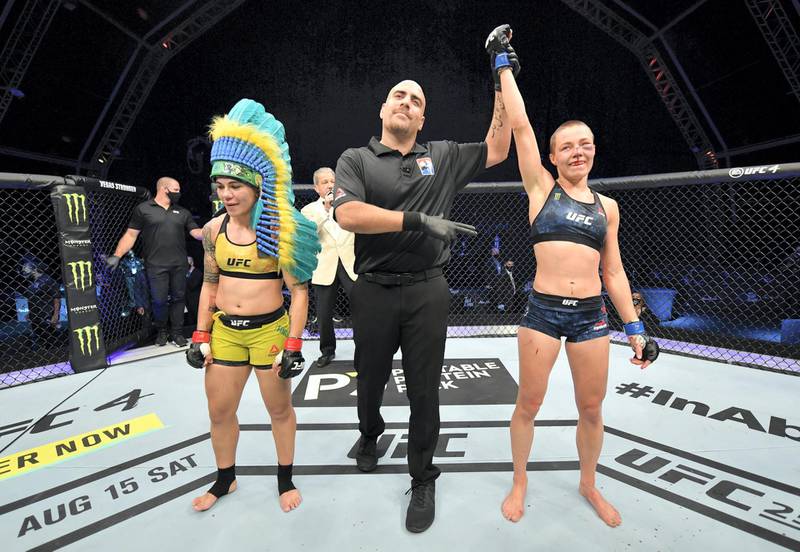 ABU DHABI, UNITED ARAB EMIRATES - JULY 12: Rose Namajunas celebrates after her split-decision victory over Jessica Andrade of Brazil in their strawweight fight during the UFC 251 event at Flash Forum on UFC Fight Island on July 12, 2020 on Yas Island, Abu Dhabi, United Arab Emirates. (Photo by Jeff Bottari/Zuffa LLC)
