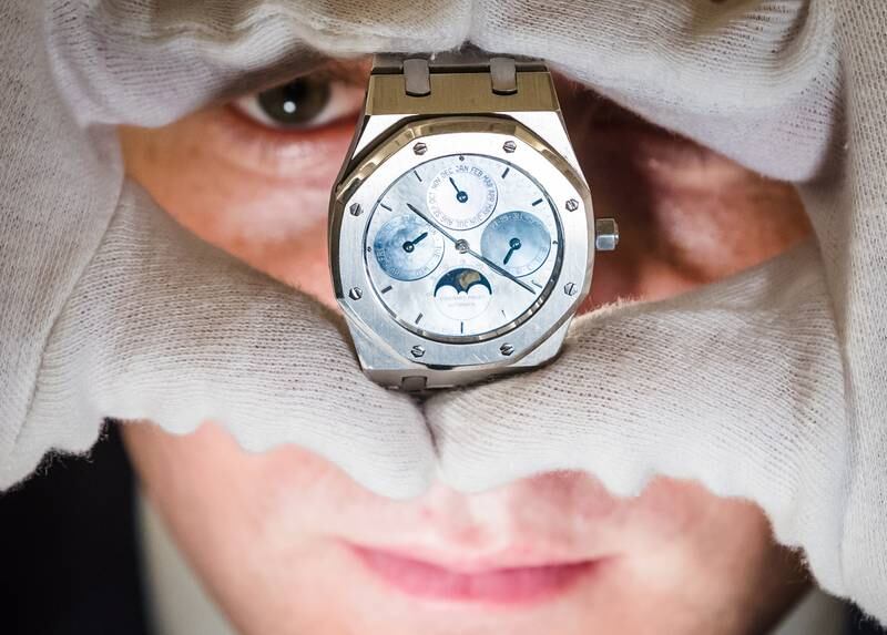 An Audemars Piquet rare calendar bracelet watch at Bonhams Auction House in London. EPA