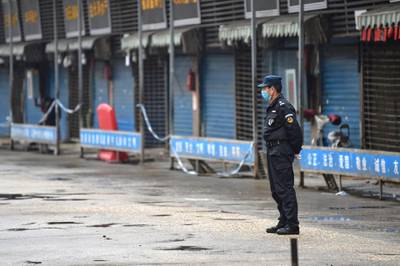 A security guard stands outside the Huanan Seafood Wholesale Market where the coronavirus was detected in Wuhan on January 24, 2020 - The death toll in China's viral outbreak has risen to 25, with the number of confirmed cases also leaping to 830, the national health commission said. (Photo by Hector RETAMAL / AFP)