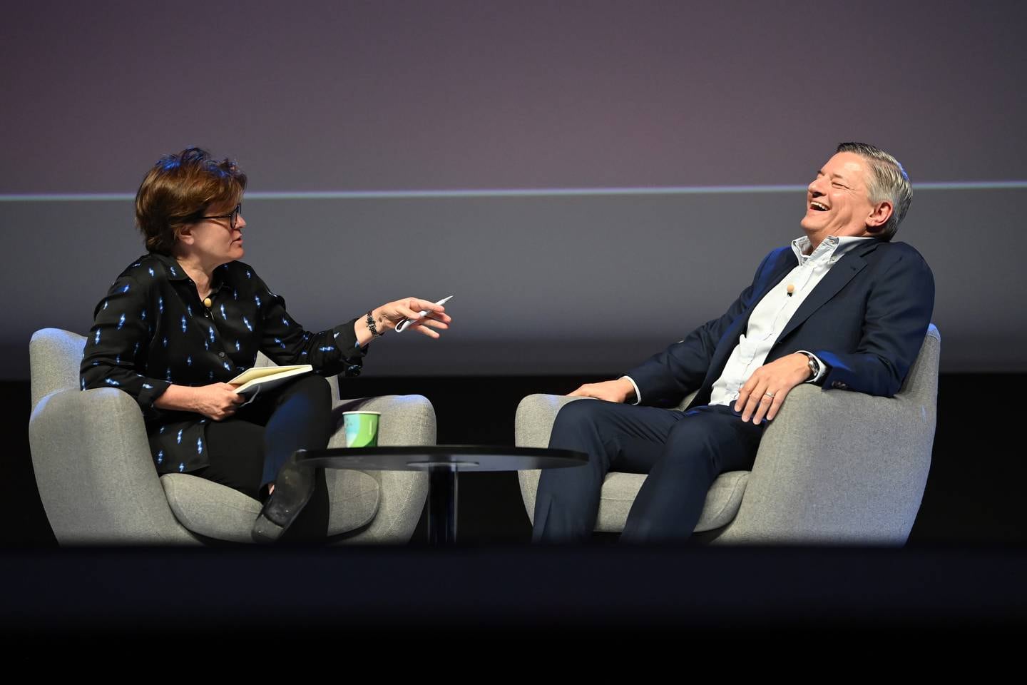 'New York Magazine' editor at large, Kara Swisher, and Ted Sarandos on stage at Cannes Lions 2022. Getty Images