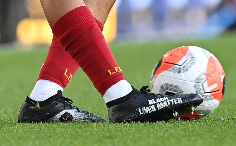 Liverpool's Trent Alexander-Arnold with a message in support of the Black Lives Matter campaign on his boots, as play resumes behind closed doors following the outbreak of the coronavirus disease (COVID-19). REUTERS