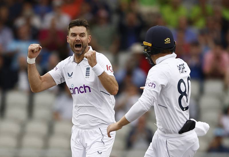 England bowler James Anderson celebrates taking the wicket of South Africa's Sarel Erwee. Reuters