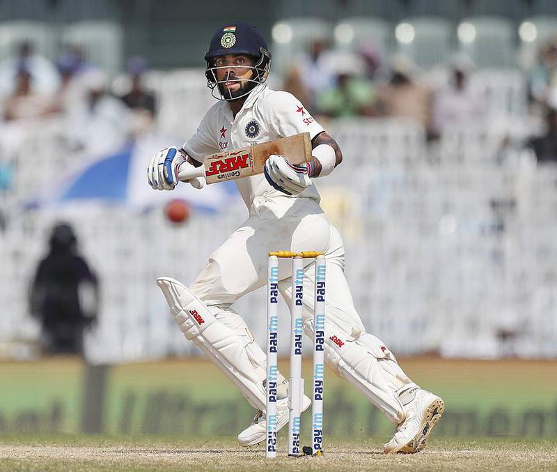 India’s captain Virat Kohli plays a shot during their third day of the fifth cricket Test match against England in Chennai, India, on Sunday, December 18, 2016. Tsering Topgyal / AP