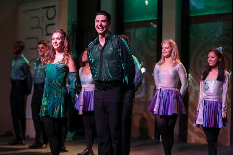 The 'Riverdance' cast led by Anna Mai Fitzpatrick and  Jason O'Neil, foreground, before a performance at the opening of the Ireland Pavilion at Dubai Expo 2020. Khushnum Bhandari / The National