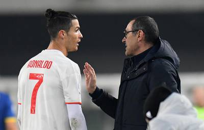 Maurizio Sarri, head coach of Juventus, issues instructions to Cristiano Ronaldo. Getty