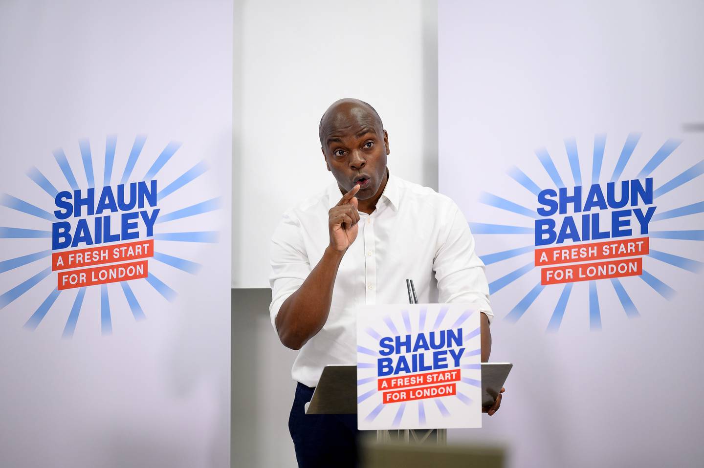 Shaun Bailey makes an online speech during his campaign to become London mayor. Getty Images