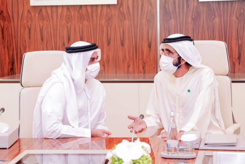 Sheikh Mohammed bin Rashid, Prime Minister and Ruler of Dubai, speaks to Sheikh Saif bin Zayed, Deputy Prime Minister and Minister of Interior, during a UAE Cabinet session on Monday. Courtesy: Sheikh Mohammed bin Rashid Twitter