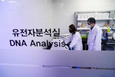Researchers demonstrate samples of iLAMP Novel-Coronavirus Detection Kit at an iONEBIO's office in Seongnam, South Korea. Reuters