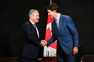 British Labour leader Keir Starmer, left, with host Canadian Prime Minister Justin Trudeau at the Global Progress Action Summit on September 16, 2023 in Montreal. As Britain prepares for a general election in the spring of 2024, Mr Starmer is being feted by international leaders as a statesman on a par with Conservative leader and Prime Minister Rishi Sunak. AFP