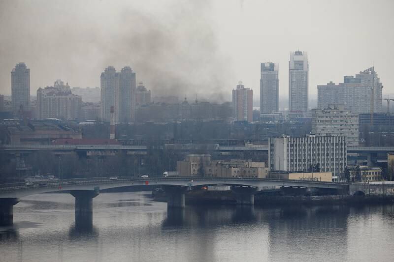 Smoke rises near the Ukrainian Defence Ministry in Kiev. Reuters