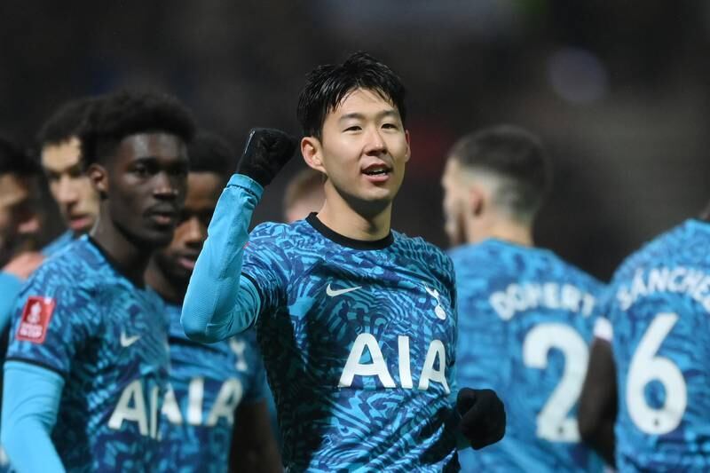 Tottenham's Son Heung-Min celebrates after scoring the first goal in the 3-0 FA Cup fourth round win against Preston North End at Deepdale on January 28, 2023. Getty