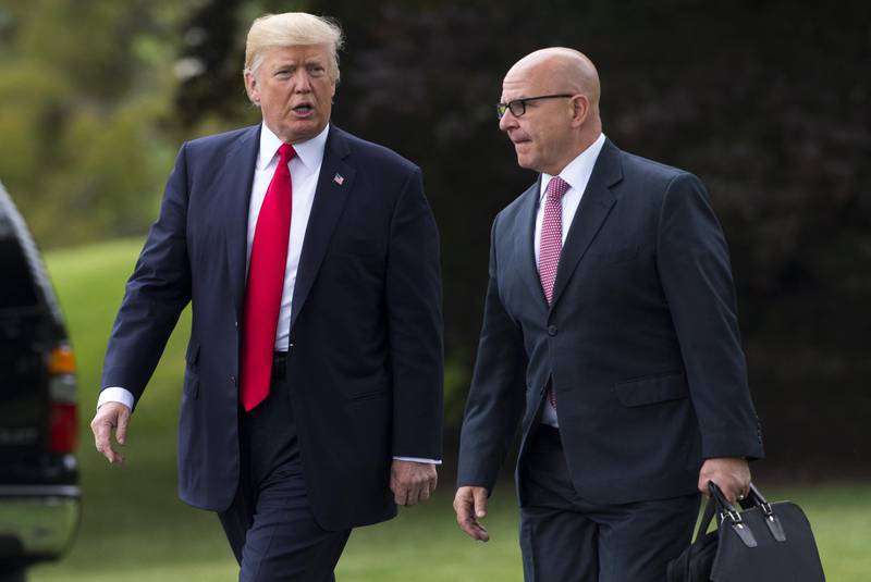 US president Donald Trump and his national security adviser HR McMaster at the White House on June 16, 2017. Mr Trump's Middle East security adviser on the National Security Council was relieved of his post on July 27, 2017 over differences on US policy in Syria and towards Iran. Saul Loeb / AFP