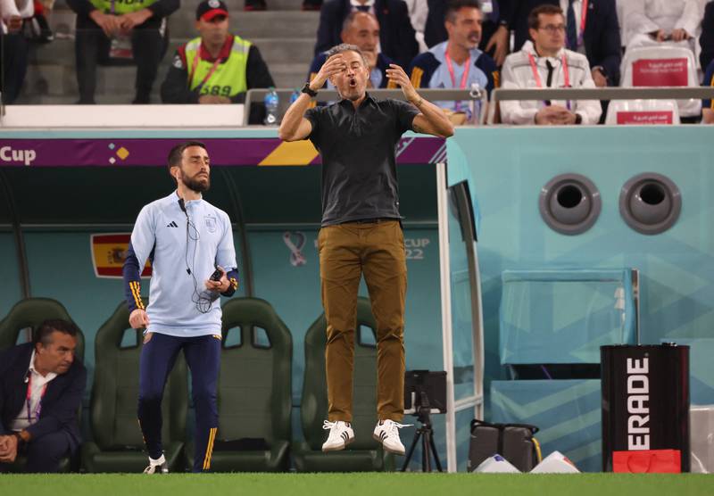Coach Luis Enrique leaps at a Spanish chance. Reuters