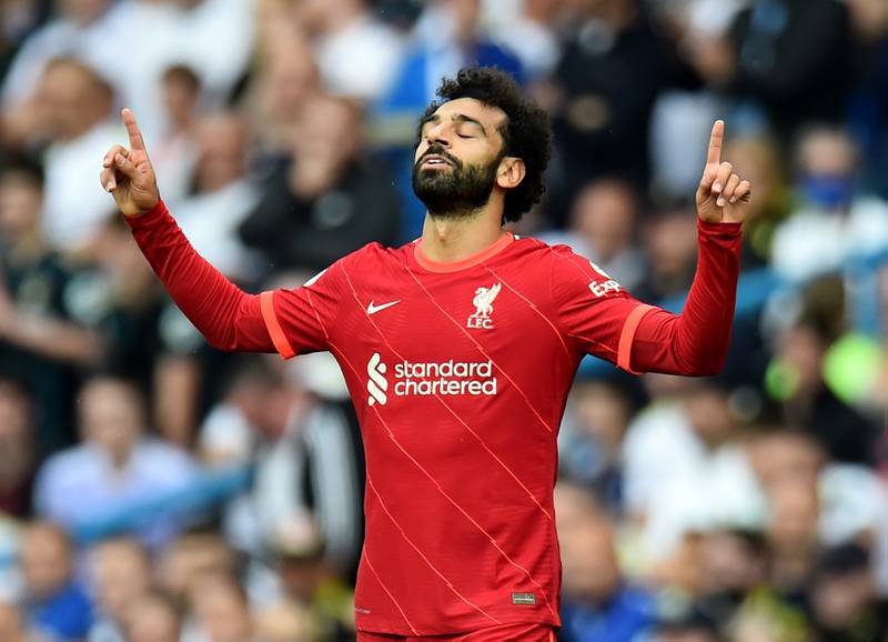 Mohamed Salah celebrates after opening the scoring in Liverpool's Premier League win over Leeds at Elland Road on Sunday, September 12. Reuters