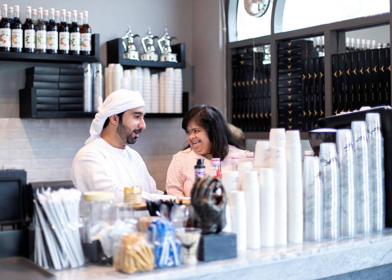 SHARJAH, UNITED ARAB EMIRATES. 22 OCTOBER 2019. Ahmed Abdullah Al Mulla, 25, owns Vigo Cafe Khor Fakkan and his sister, Amna, 18, helps manage it.(Photo: Reem Mohammed/The National)Reporter: RUBA HAZASection: NA