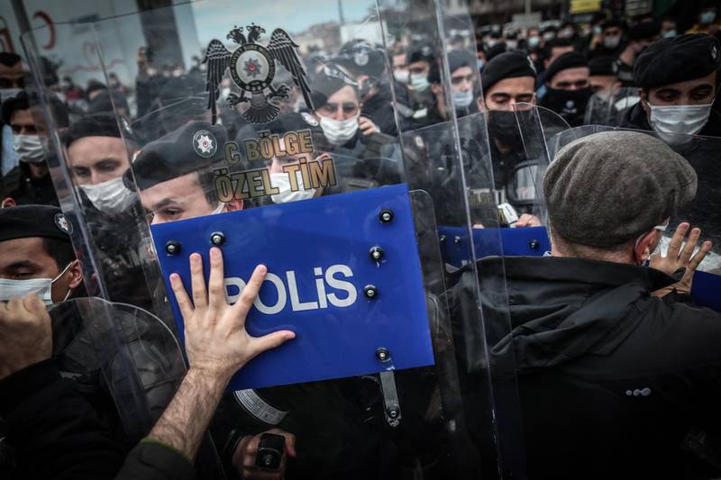 Students and staff face riot police in a protest against Turkish President Recep Tayyip Erdogan's decision to appoint Melih Bulu, a businessman with ties to the president's AK Party, as rector at Bogazici University in Istanbul. EPA