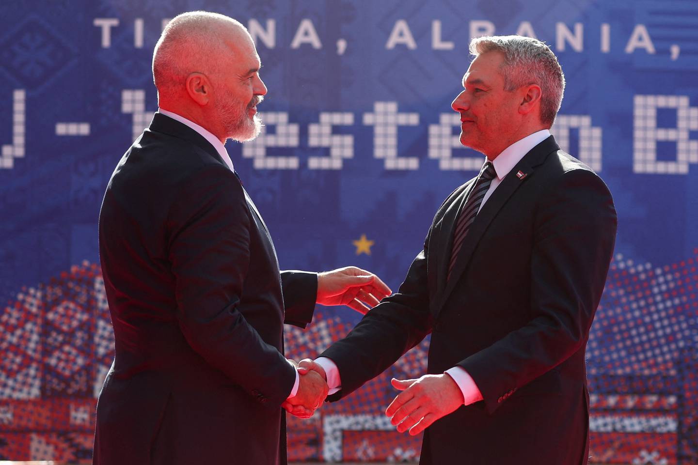 Austrian Chancellor Karl Nehammer with Albania's Prime Minister Edi Rama at the summit in Tirana. Reuters 