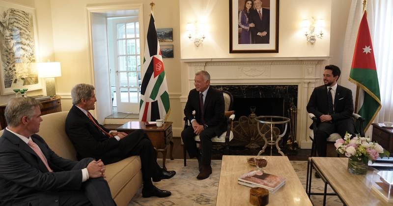 King Abdullah II and Crown Prince Al Hussein meet with US Special Presidential Envoy for Climate John Kerry.