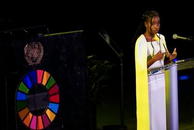 Amanda Gorman recites a poem during an event called SDG Moment at the UN headquarters. AP