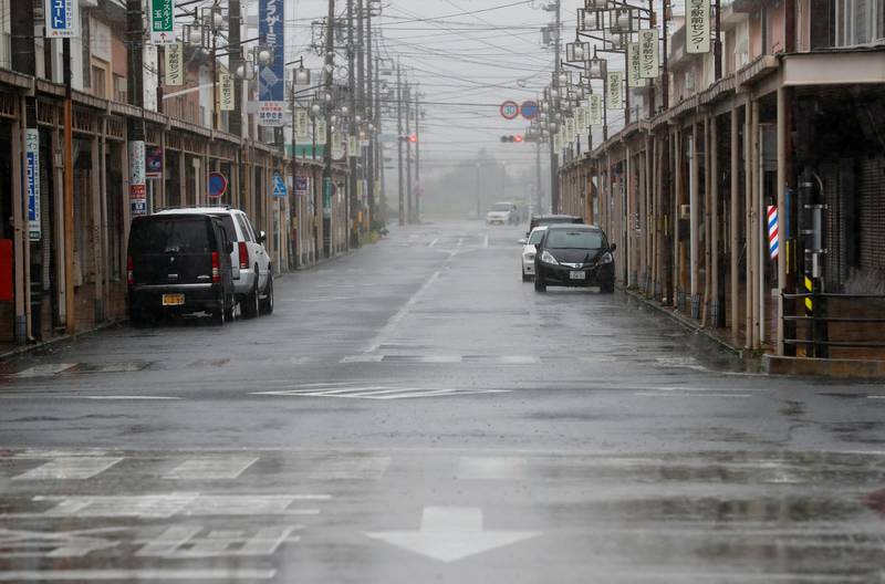 An empty road leading into Shiroko, Suzuka, Japan, seen in heavy rain ahead of Typhoon Hagibis. Reuters