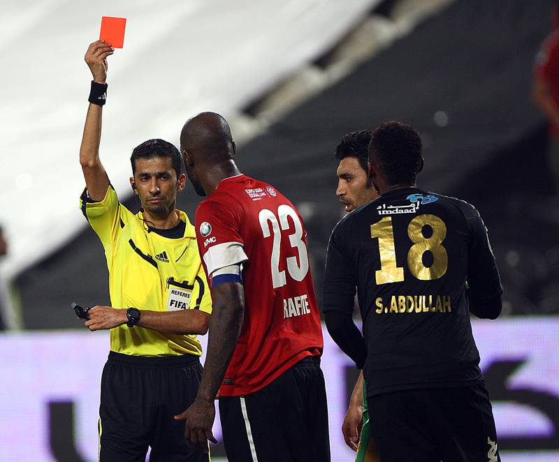 Abu Dhabi,United Arab Emirates- May,28, 2013:   Al Ahli captain Grafite was given red card during   the President's Cup finall at the  Jazira Mohamed Bin Zayed Stadium in AbuDhabi.  (  Satish Kumar / The National ) For Sports